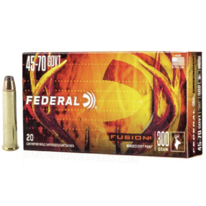 Box of Federal Fusion 45-70 Govt centerfire rifle cartridges with a single bullet displayed to the left.