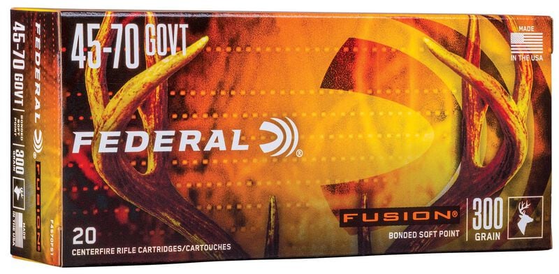 FEDERAL FUSION RIFLE 45-70 GOVT. 300 GRAIN - A box of Federal Fusion 45-70 Govt, 300 grain bonded soft point centerfire rifle cartridges, 20 count.