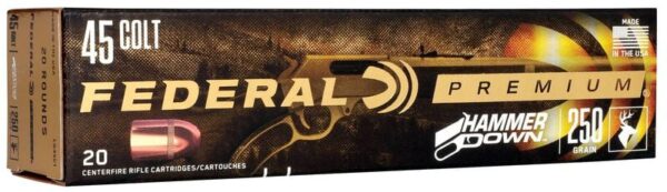 Box of Federal Premium .45 Colt centerfire rifle cartridges with Hammer Down technology.