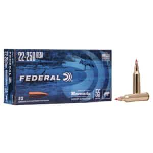 Box of 22-250 REM Federal rifle cartridges with a single bullet displayed to the right.