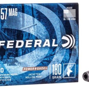 Box of Federal Power Shok .357 MAG 180GR ammo and a single hollow point bullet.