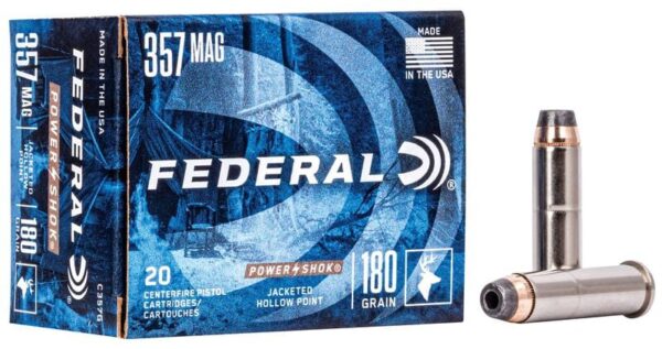 Box of Federal Power Shok .357 MAG 180GR ammo and a single hollow point bullet.