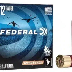 A box of Federal 12 Gauge steel waterfowl shotshells next to a single red shotgun shell.