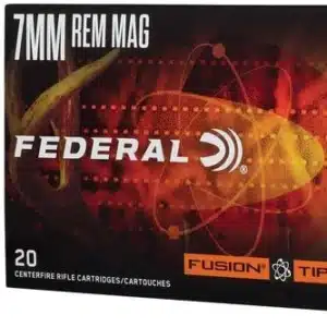 Box of Federal 7mm Rem Mag rifle cartridges with two bullets displayed in front.