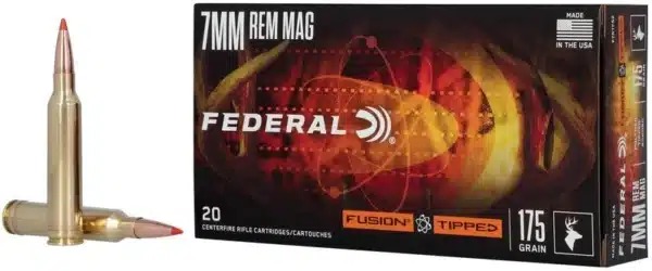 Box of Federal 7mm Rem Mag rifle cartridges with two bullets displayed in front.