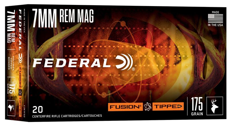 FEDERAL TIPPED FUSION RIFFLE 7MM REM MAG 175 GRAIN - Box of Federal 7mm Rem Mag 175 grain Fusion Tipped centerfire rifle cartridges, 20 rounds, made in USA.