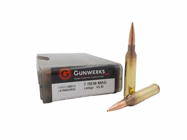 Box of Gunwerks ammunition with two 7mm Rem Mag rounds displayed in front.