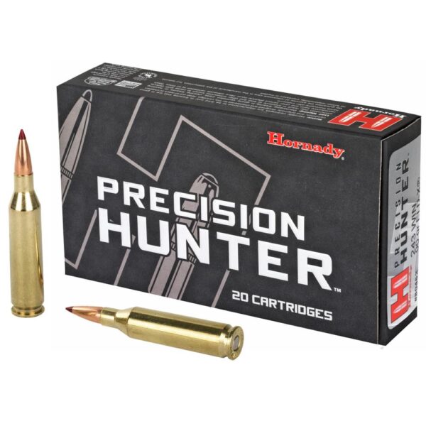 A box of Hornady Precision Hunter ammunition with two rifle cartridges displayed in front.