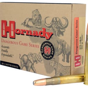 A box of Hornady Dangerous Game Series ammunition with a single bullet beside it.