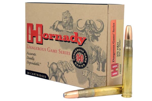 A box of Hornady Dangerous Game Series ammunition with a single bullet beside it.