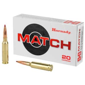 Box of Hornady Match ammunition with two rifle cartridges displayed in front.