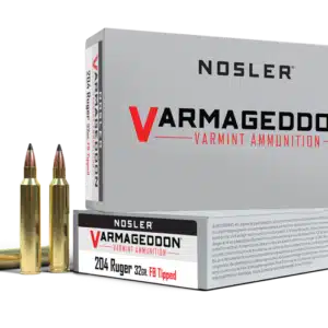 Box of Nosler Varmageddon varmint ammunition with two cartridges displayed in front.