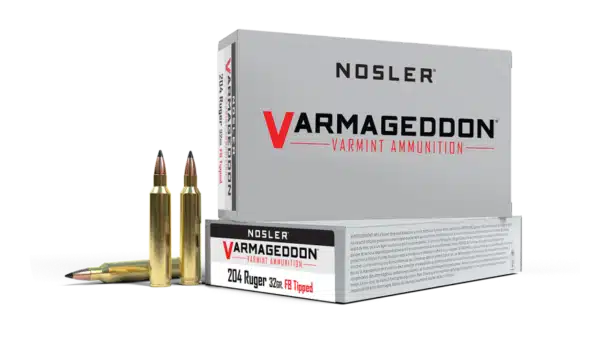 Box of Nosler Varmageddon varmint ammunition with two cartridges displayed in front.