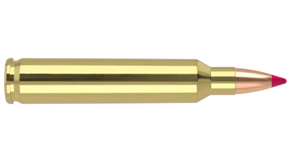 3D rendering of a brass bullet with a pointy copper jacket and a visible lead core.