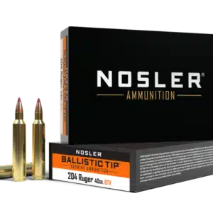 Box of Nosler Ammunition with two bullets displayed in front.