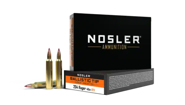 Box of Nosler Ammunition with two bullets displayed in front.