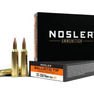 Box of Nosler Ballistic Tip ammunition with two rifle cartridges displayed in front.