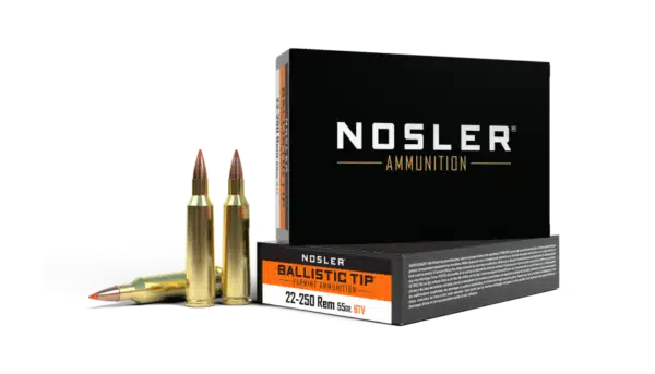 Box of Nosler Ballistic Tip ammunition with two rifle cartridges displayed in front.