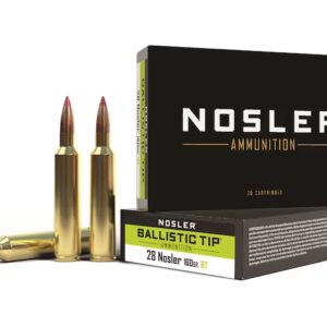 Box of Nosler Ballistic Tip ammunition with two cartridges beside it.