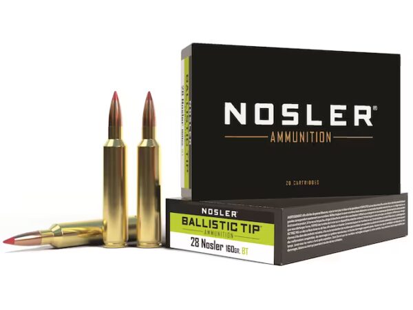 Box of Nosler Ballistic Tip ammunition with two cartridges beside it.