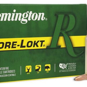 A box of Remington Core-Lokt centerfire rifle cartridges beside two individual bullets.