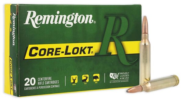 A box of Remington Core-Lokt centerfire rifle cartridges beside two individual bullets.