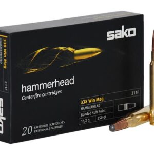 Box of Sako Hammerhead .338 Win Mag centerfire rifle cartridges with one round beside it.