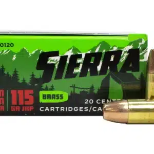 Box of Sierra 9mm Luger cartridges with two bullets displayed in front.