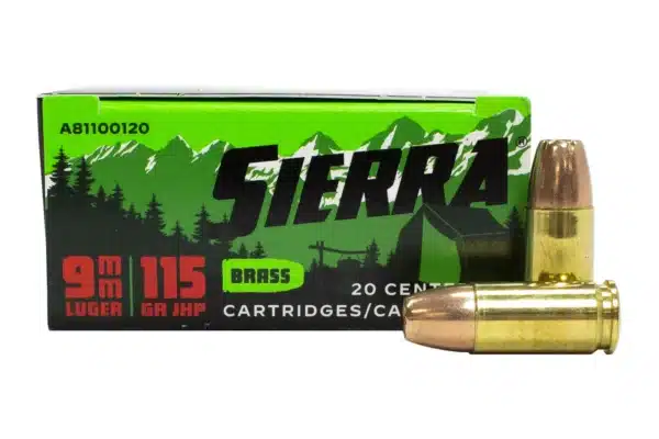 Box of Sierra 9mm Luger cartridges with two bullets displayed in front.