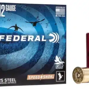 Box of Federal 12 Gauge shotgun shells and one shell displayed beside it.