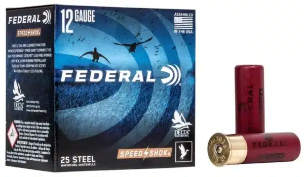 Box of Federal 12 Gauge shotgun shells and one shell displayed beside it.