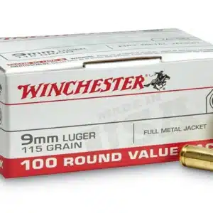 Box of Winchester 9mm Luger 115 grain full metal jacket ammunition with two bullets displayed.