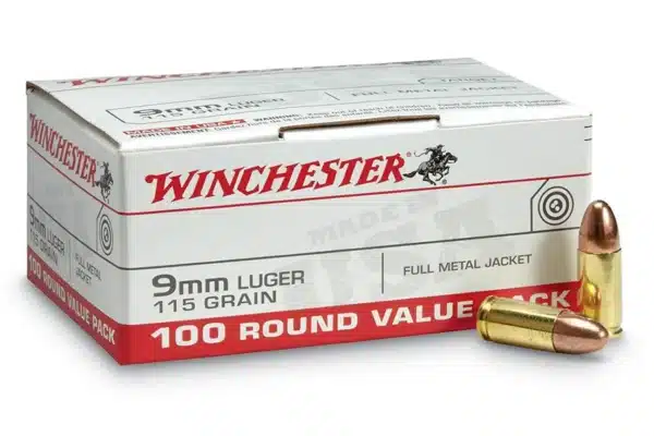 Box of Winchester 9mm Luger 115 grain full metal jacket ammunition with two bullets displayed.