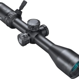 The image displays a black rifle scope, primarily cylindrical in shape, with a matte finish that reduces glare. It features a large objective lens at the front, surrounded by threaded metal, and a back end with a focal adjustment. Two adjustment knobs are visible—one for elevation and another for windage—both with clear markings for precision. The Bushnell and AR Optics logos are prominently displayed on the scope’s body. The overall composition highlights its streamlined design, emphasizing functionality and sleek aesthetics.