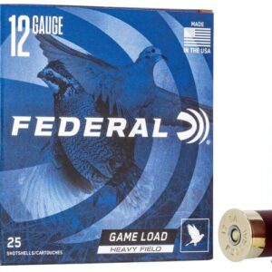 Box of Federal 12 gauge shotgun shells with one shell standing next to it.