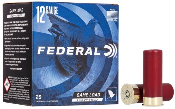 Box of Federal 12 gauge shotgun shells with one shell standing next to it.