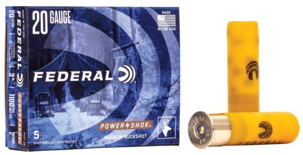 Box of 20 gauge Federal Power-Shok ammo and two yellow shotgun shells.