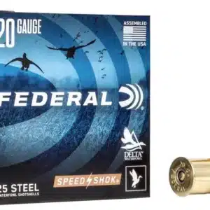 A box of Federal 20 gauge shotgun shells next to an individual shell.