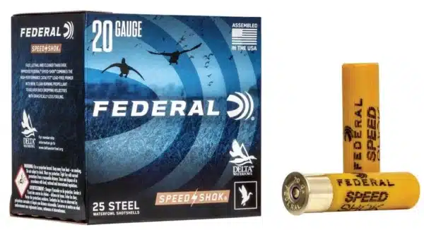 A box of Federal 20 gauge shotgun shells next to an individual shell.