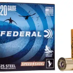 Box of 20 gauge Federal shotgun shells with the logo, alongside a single shell.