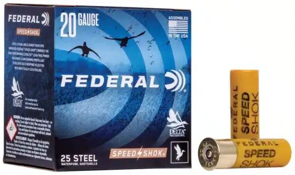 Box of 20 gauge Federal shotgun shells with the logo, alongside a single shell.