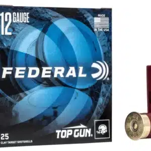 A box of Federal Top Gun 12 gauge clay target shotgun shells next to two loose shells.