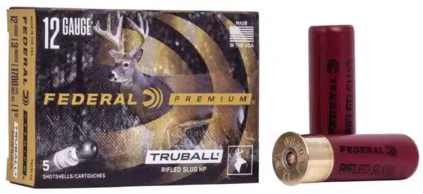 A 12-gauge Federal Premium rifled slug HP ammunition box and a single slug shell beside it.