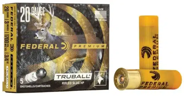 A box of Federal Premium 20 gauge rifled shotgun slugs next to a single slug.