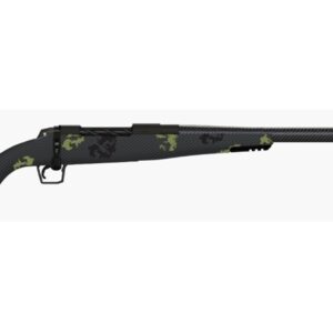 A sleek, long-range rifle featuring a carbon fiber design with irregular green camouflage patterns across the stock and barrel.