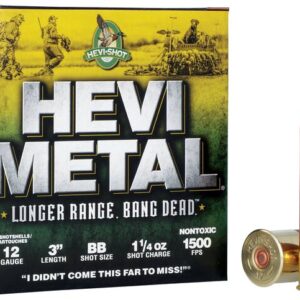 Box of HEVI-Metal shotgun shells and one shell standing next to it.