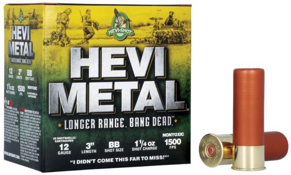 Box of HEVI-Metal shotgun shells and one shell standing next to it.