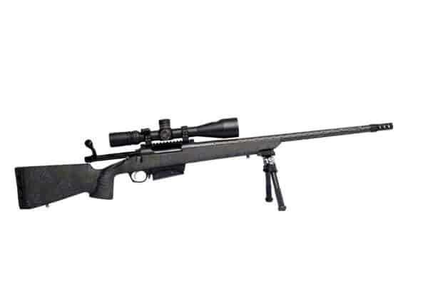 Bolt-action sniper rifle with scope and bipod on white background.