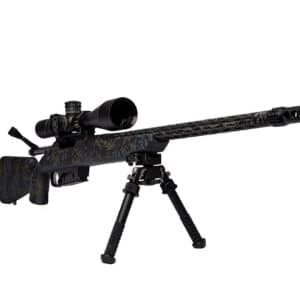 A sniper rifle with a camouflage pattern and scope on a bipod stand.