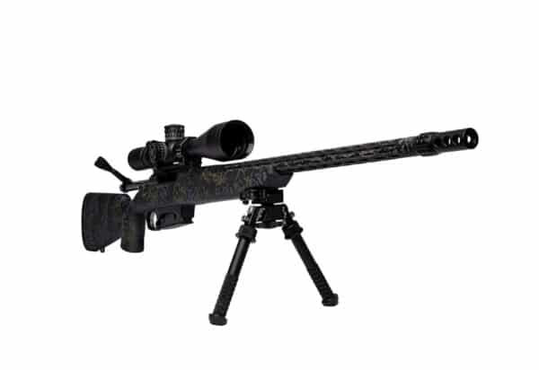 A sniper rifle with a camouflage pattern and scope on a bipod stand.